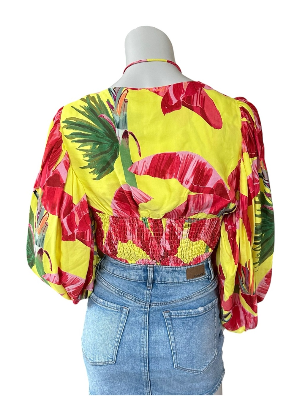 Farm Rio Yellow Floral Tropical Print Sweet Jungle Puff Long Sleeve Crop Top Med - Picture 7 of 9
